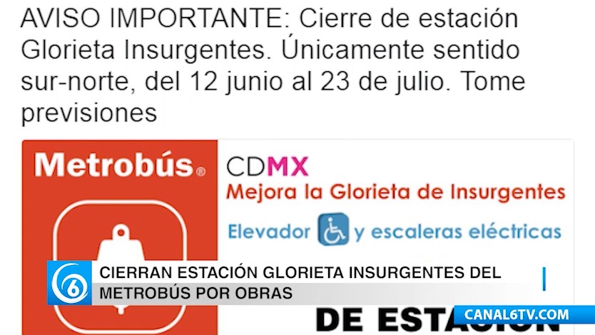 Continuará el cierre de la estación Insurgentes de la L1 del Metrobús por obras