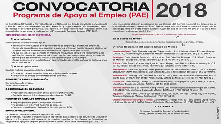 CONVOCATORIA 2018 DEL PROGRAMA DE APOYO AL EMPLEO EN EL EDOMEX