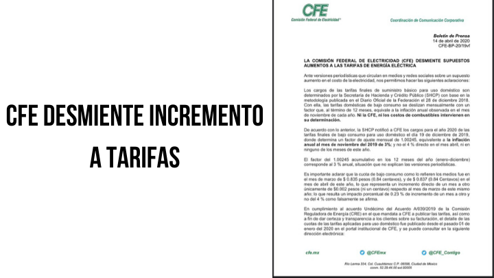 CFE desmiente incremento a tarifas