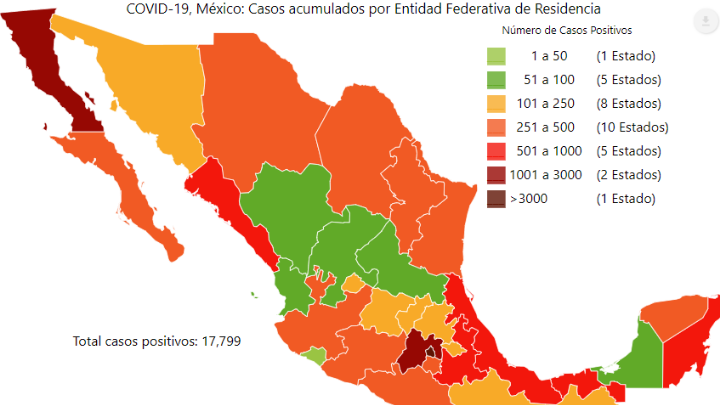 Suman 17,799 casos confirmados y 1,732 muertes por Covid-19 en México