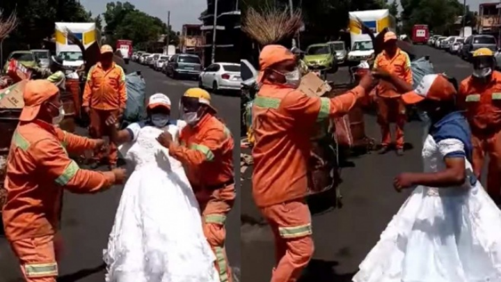 Trabajadores de limpieza hallan vestido y bailan como en XV años