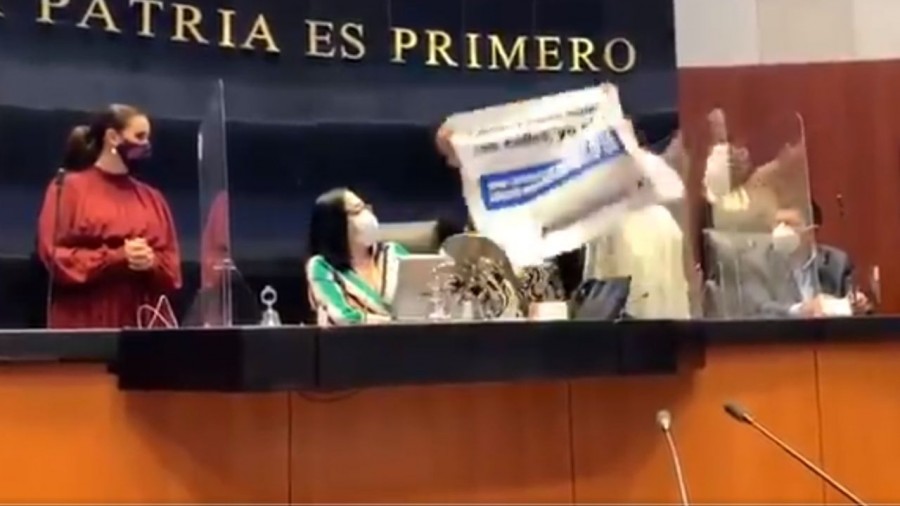 Senadora de Morena enfurece y arrebarta cartel a panista