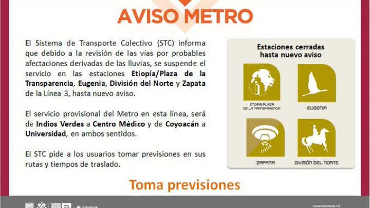 Cierran cuatro estaciones del metro por fuertes lluvias