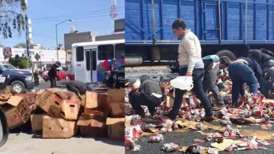 Rapiñan cartones de cerveza que cayeron de un tráiler en Toluca