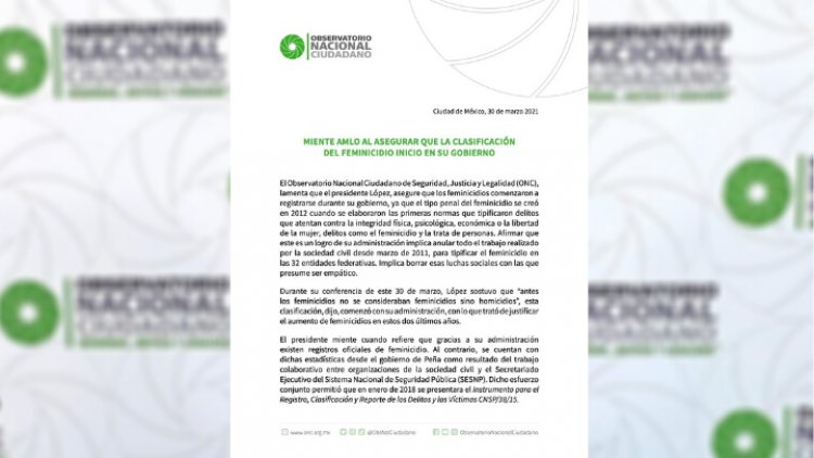 Clasificación de feminicidio no inició con AMLO, aunque intente adjudicárselo: ONC