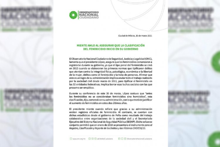 Clasificación de feminicidio no inició con AMLO, aunque intente adjudicárselo: ONC