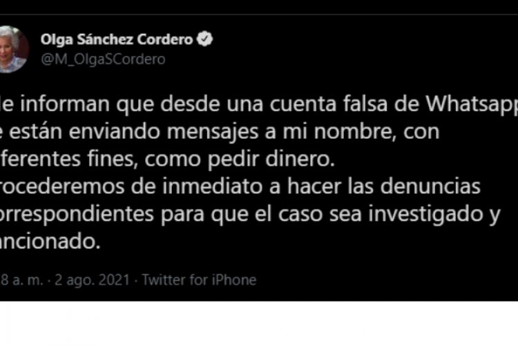 Olga Sánchez Cordero se suma a ola de hackeos de cuentas de WhatsApp