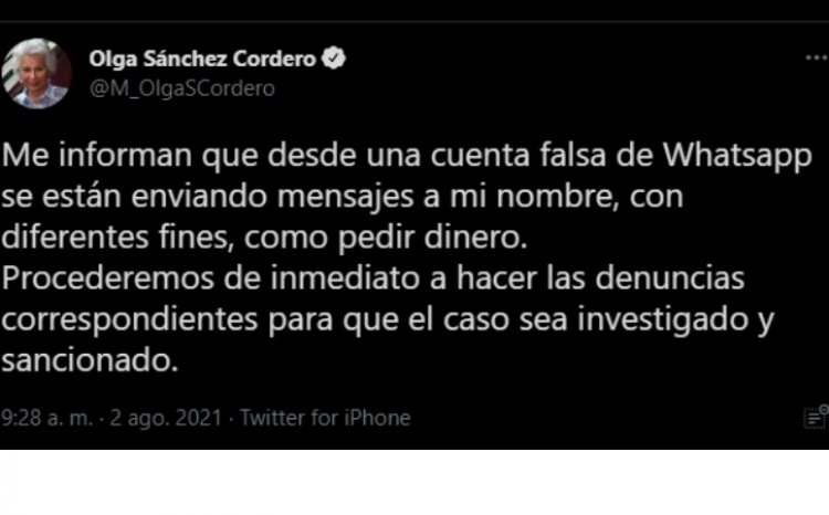 Olga Sánchez Cordero se suma a ola de hackeos de cuentas de WhatsApp