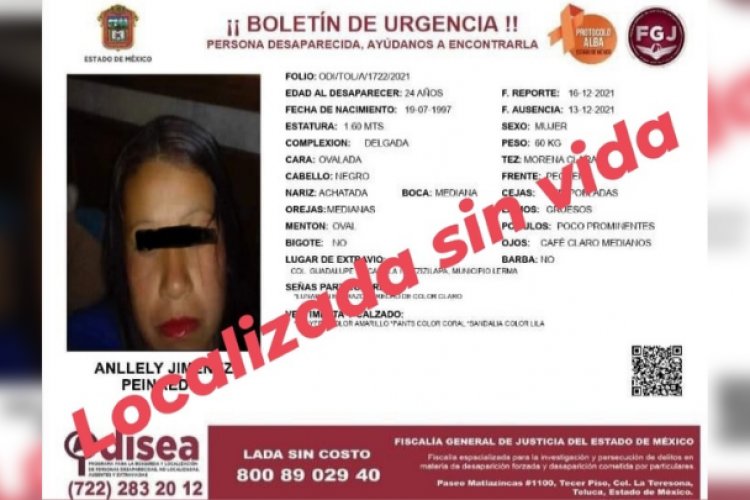 Hallan muerta a ama de casa desaparecida en Lerma