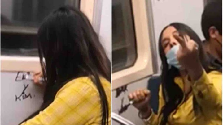 Mujer es captada rayando vagón de metro la apodan #LadyRayones
