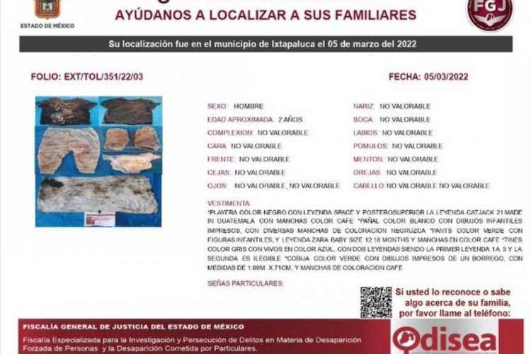 Buscan identificar a bebé hallado muerto en Ixtapaluca