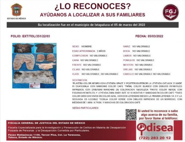 Buscan identificar a bebé hallado muerto en Ixtapaluca