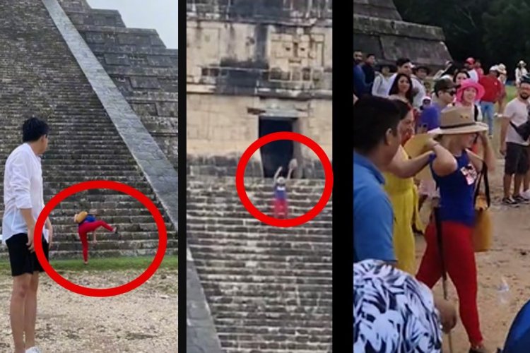Mujer sube a pirámide de Chichen Itzá