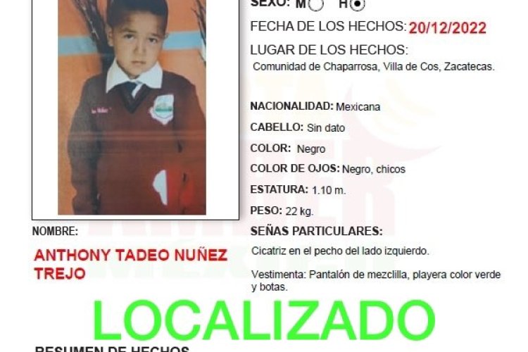 Después de un mes hallan a Teo, niño secuestrado en Zacatecas