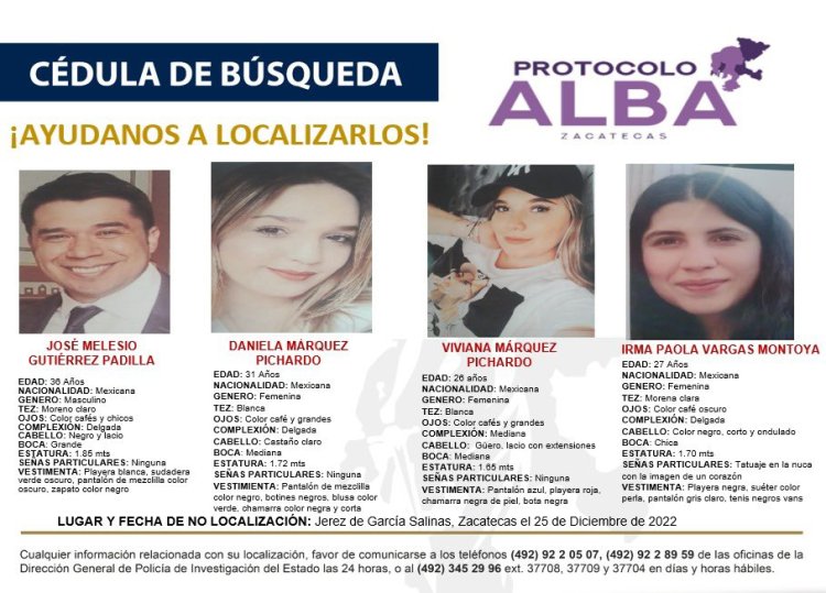 Identifican a 3 de los 4 jóvenes desaparecidos en Zacatecas