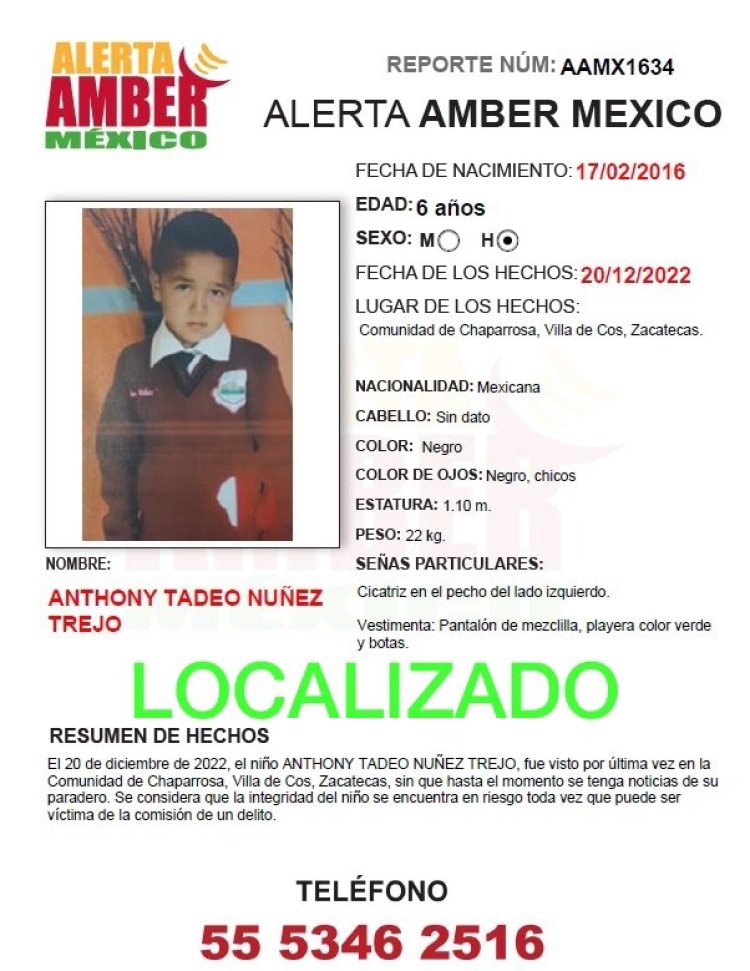 Después de un mes hallan a Teo, niño secuestrado en Zacatecas