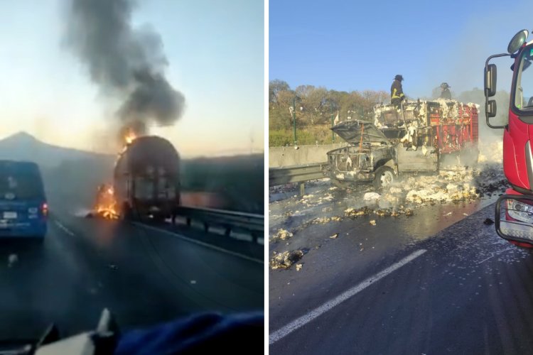 Camioneta de carga se incendia en la México-Puebla