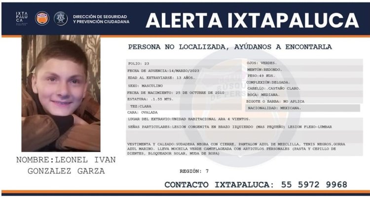 Buscan a Iván González Garza, menor desaparecido en Ixtapaluca