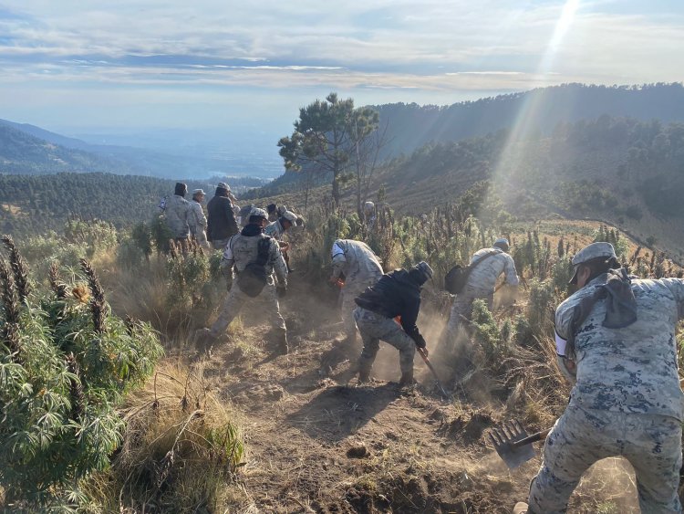 Elementos de la Guardia Nacional combate incendio en parque Nacional Izta-Popo